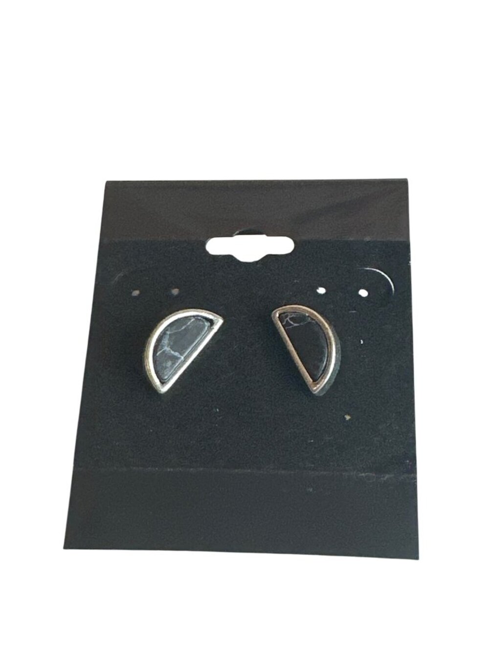 Silver-Tone Half-Moon Stud Earrings Black Marbled Pattern Boho Witchy Minimalist
